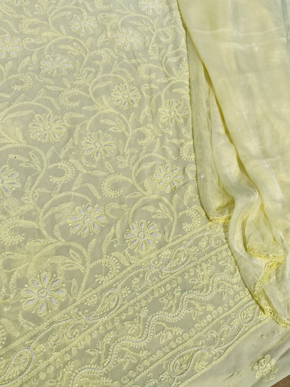 Lemon Chikankari Pure Viscose Unstiched Kurta Dupatta - Famous Chikankari