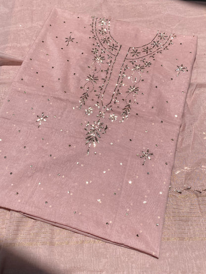 Roohani – Chiku Handcrafted Unstitched Mukaish Kurta Dupatta Set - Famous Chikankari