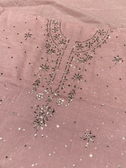 Roohani – Chiku Handcrafted Unstitched Mukaish Kurta Dupatta Set - Famous Chikankari