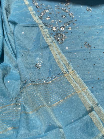 Roohani –  Teal Blue Handcrafted Unstitched Mukaish Kurta Dupatta Set - Famous Chikankari