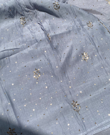 Roohani - Grey Handcrafted Semi Stitched Mukaish Gown Set - Famous Chikankari