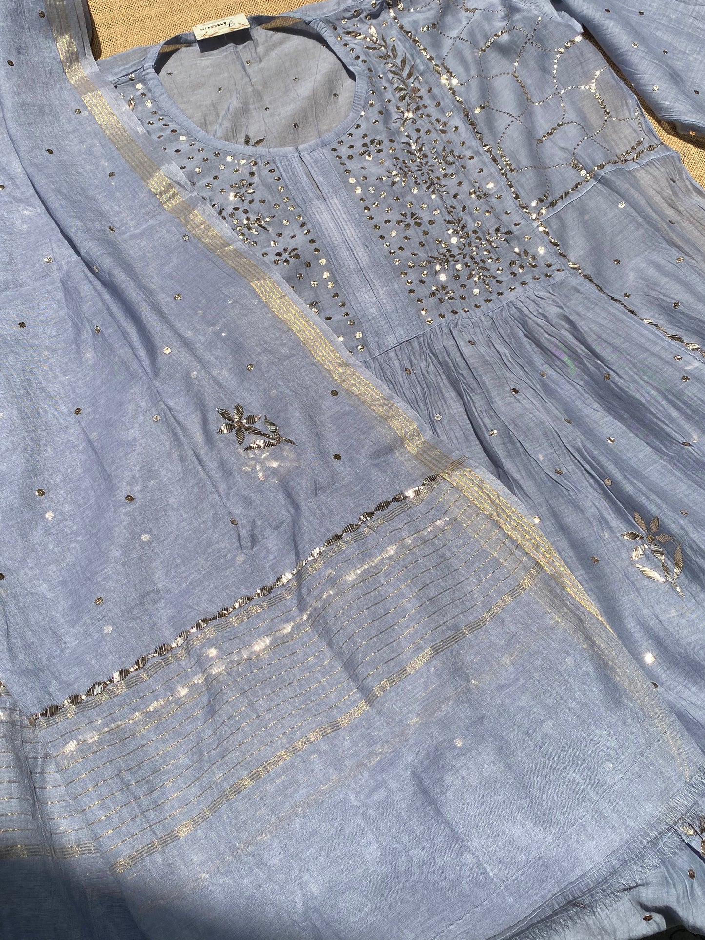 Roohani - Grey Handcrafted Semi Stitched Mukaish Gown Set