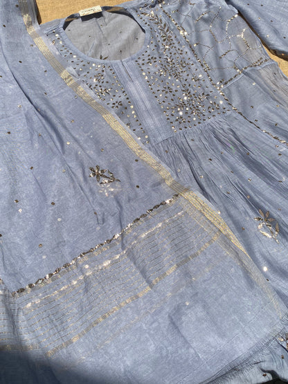 Roohani - Grey Handcrafted Semi Stitched Mukaish Gown Set - Famous Chikankari