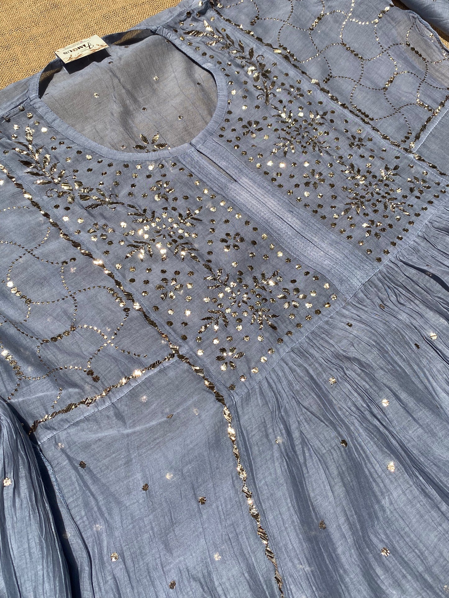 Roohani - Grey Handcrafted Semi Stitched Mukaish Gown Set