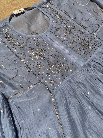 Roohani - Grey Handcrafted Semi Stitched Mukaish Gown Set - Famous Chikankari