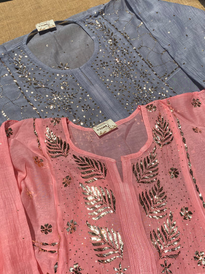 Roohani - Peach Handcrafted Semi Stitched Mukaish Gown Set - Famous Chikankari