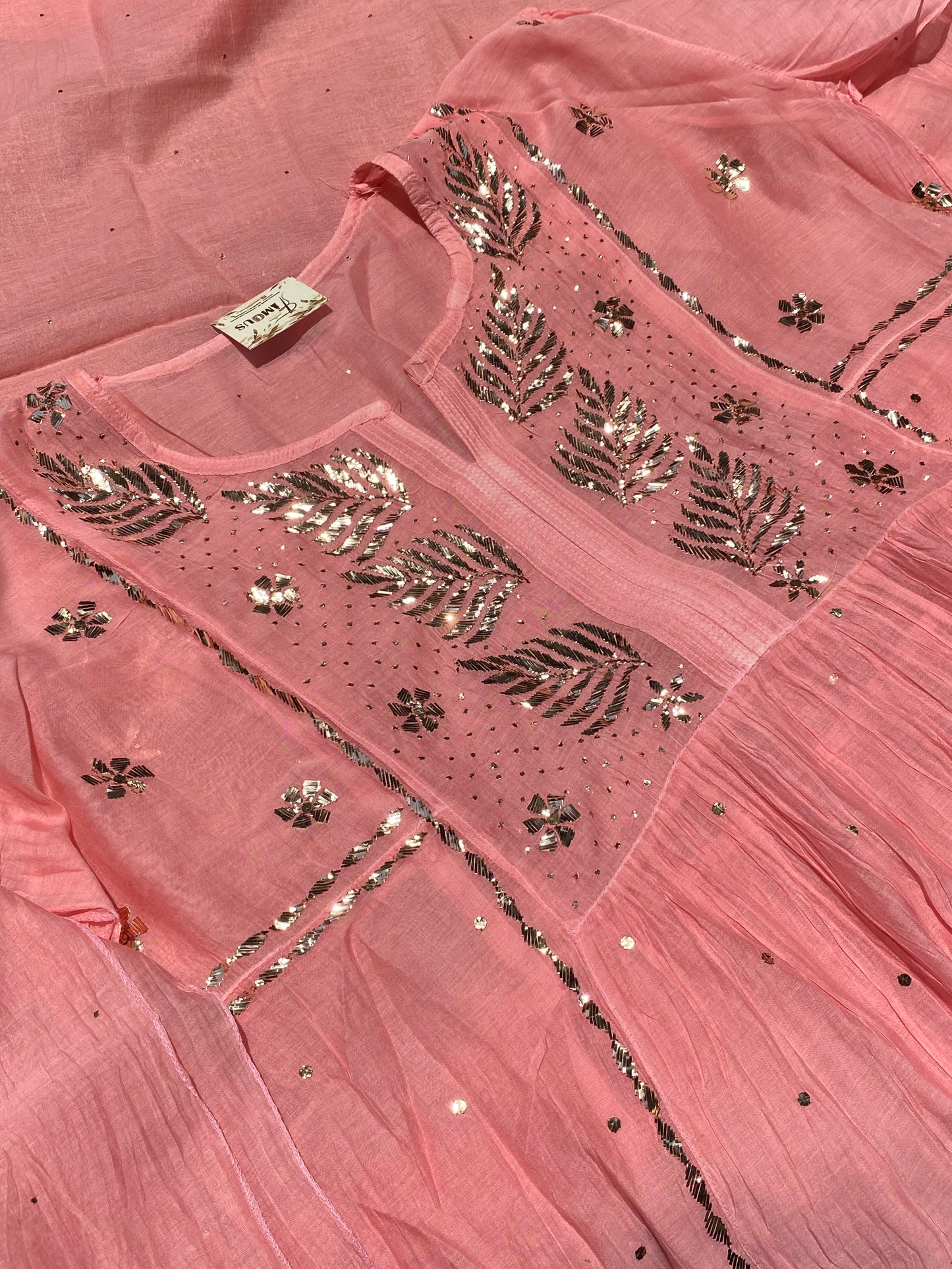 Roohani - Peach Handcrafted Semi Stitched Mukaish Gown Set