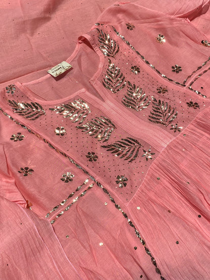 Roohani - Peach Handcrafted Semi Stitched Mukaish Gown Set - Famous Chikankari