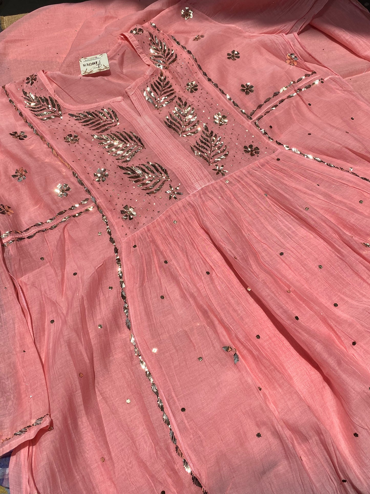 Roohani - Peach Handcrafted Semi Stitched Mukaish Gown Set