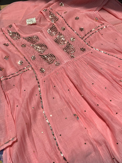 Roohani - Peach Handcrafted Semi Stitched Mukaish Gown Set - Famous Chikankari