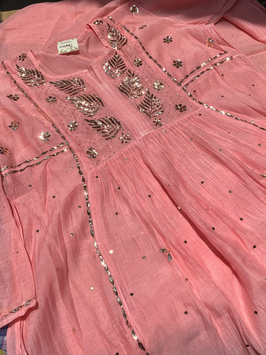 Roohani - Peach Handcrafted Semi Stitched Mukaish Gown Set