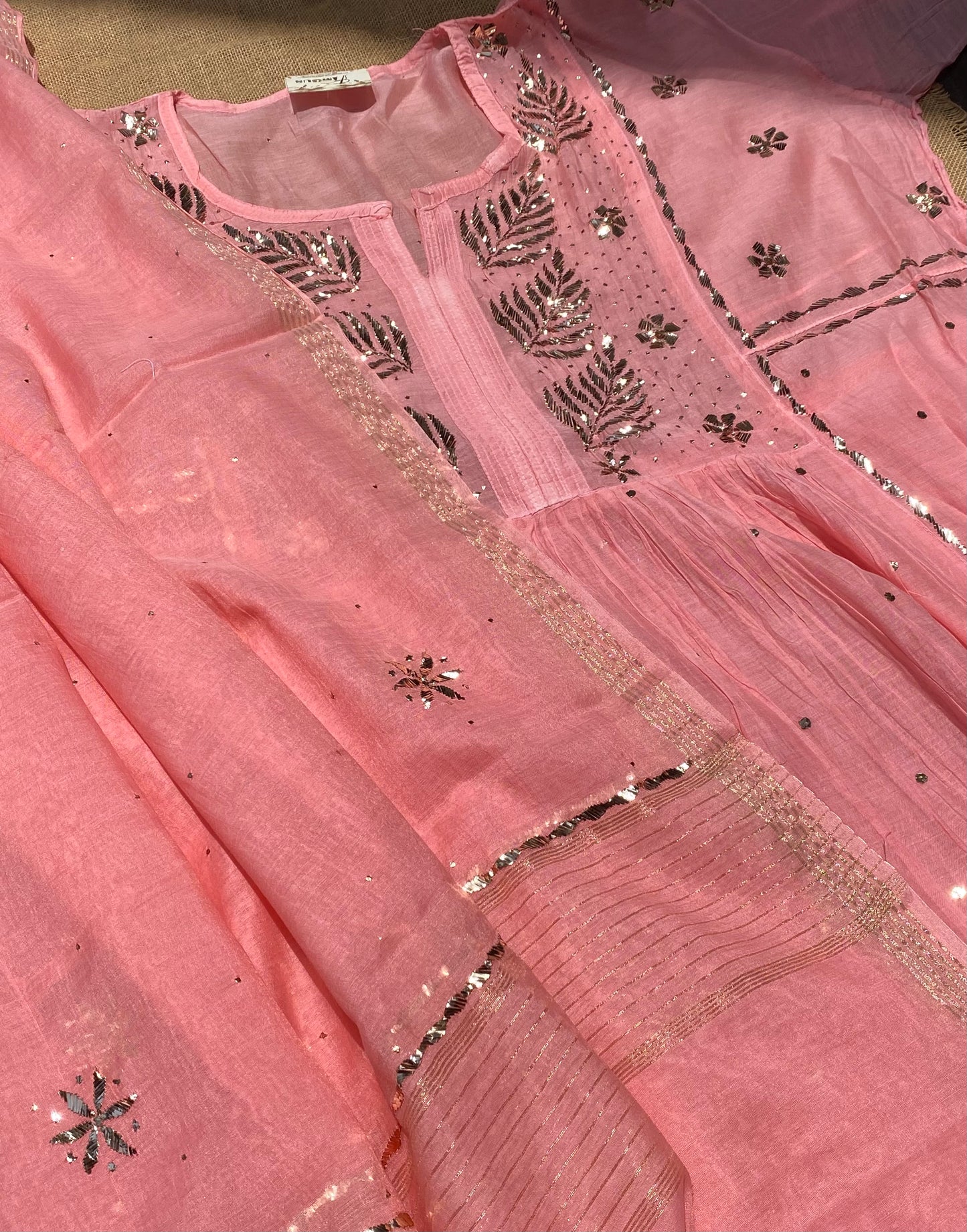 Roohani - Peach Handcrafted Semi Stitched Mukaish Gown Set
