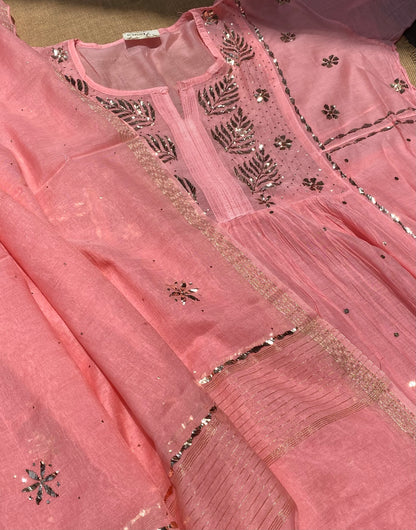 Roohani - Peach Handcrafted Semi Stitched Mukaish Gown Set - Famous Chikankari
