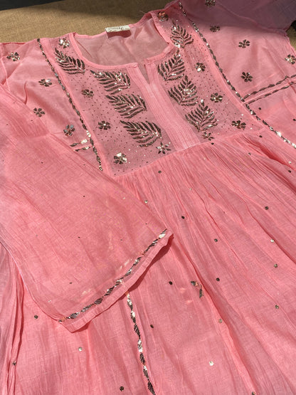 Roohani - Peach Handcrafted Semi Stitched Mukaish Gown Set - Famous Chikankari
