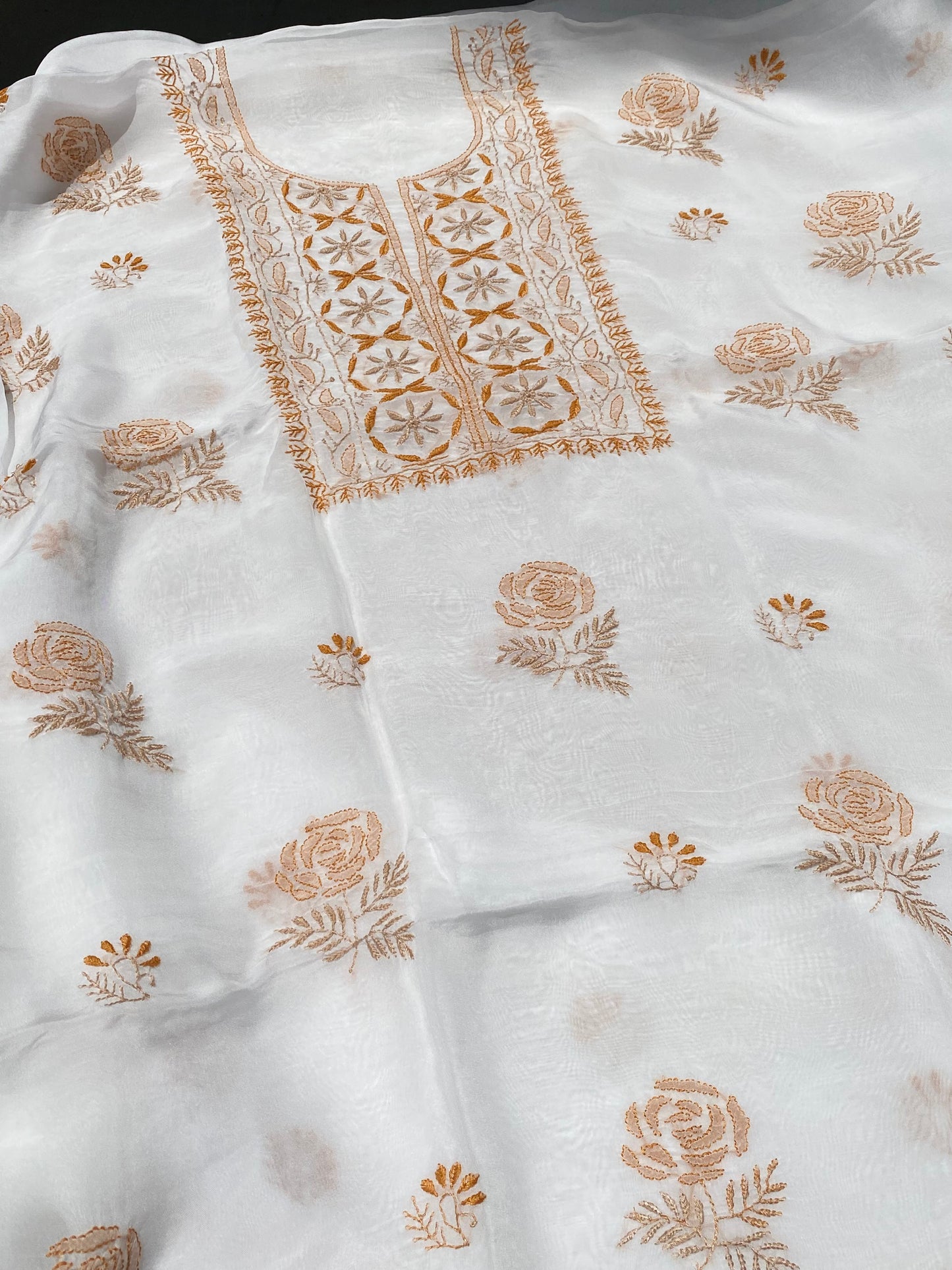Noor-e-Rang Chikankari Unstiched Kurta Dupatta Set-Rustic Orange
