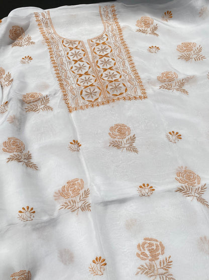 Noor-e-Rang Chikankari Unstiched Kurta Dupatta Set-Rustic Orange - Famous Chikankari