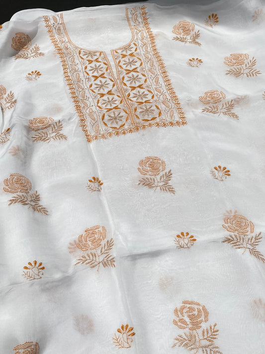 Noor-e-Rang Chikankari Unstiched Kurta Dupatta Set-Rustic Orange