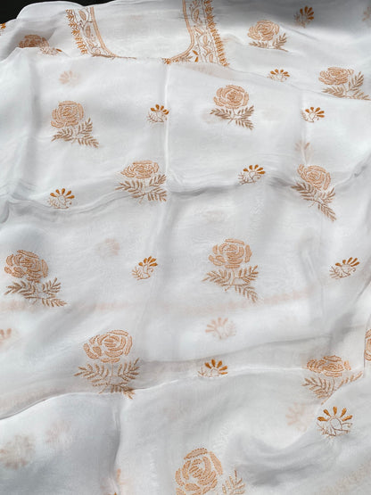 Noor-e-Rang Chikankari Unstiched Kurta Dupatta Set-Rustic Orange - Famous Chikankari