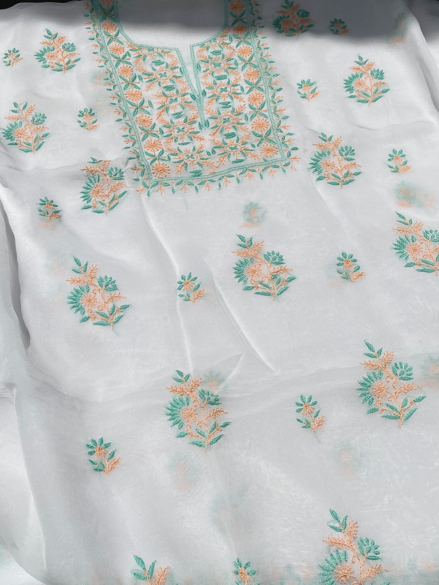 Noor-e-Rang Chikankari Unstiched Kurta Dupatta Set-Orange Green