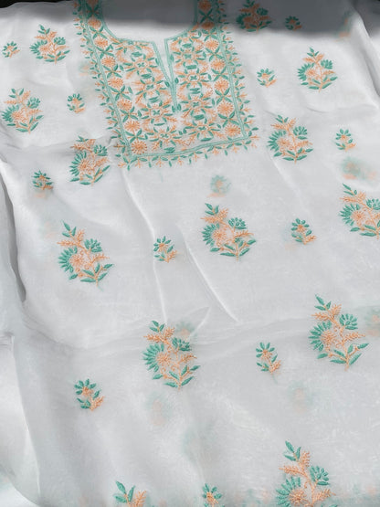 Noor-e-Rang Chikankari Unstiched Kurta Dupatta Set-Orange Green - Famous Chikankari