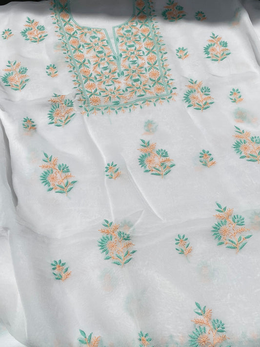 Noor-e-Rang Chikankari Unstiched Kurta Dupatta Set-Orange Green