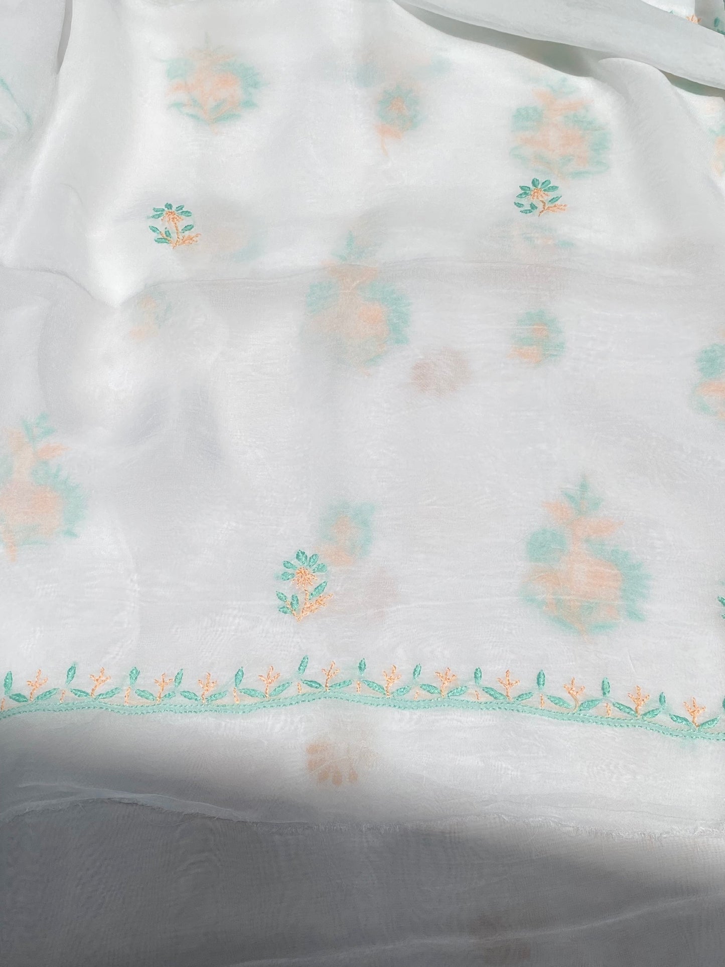 Noor-e-Rang Chikankari Unstiched Kurta Dupatta Set-Orange Green