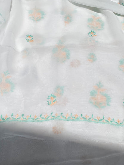 Noor-e-Rang Chikankari Unstiched Kurta Dupatta Set-Orange Green - Famous Chikankari