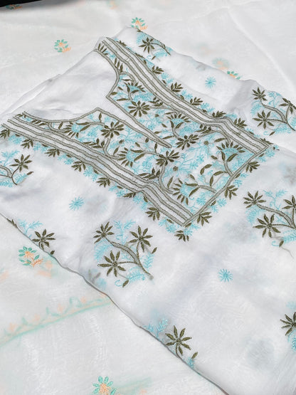 Noor-e-Rang Chikankari Unstiched Kurta Dupatta Set-Olive Green - Famous Chikankari