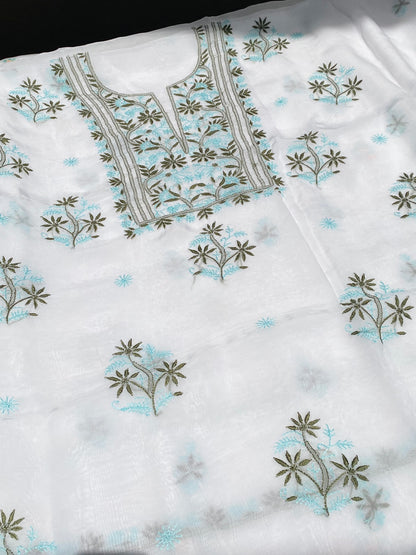 Noor-e-Rang Chikankari Unstiched Kurta Dupatta Set-Olive Green - Famous Chikankari