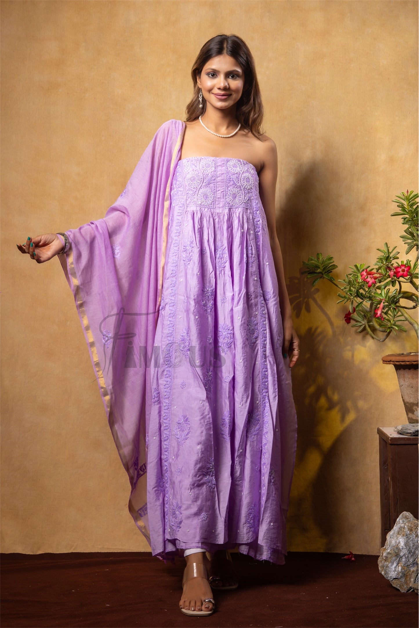 Lilac Elegant Chikankari Semi-Stitched Gown With Dupatta