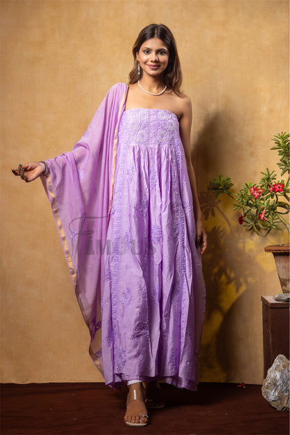 Lilac Elegant Chikankari Semi-Stitched Gown With Dupatta