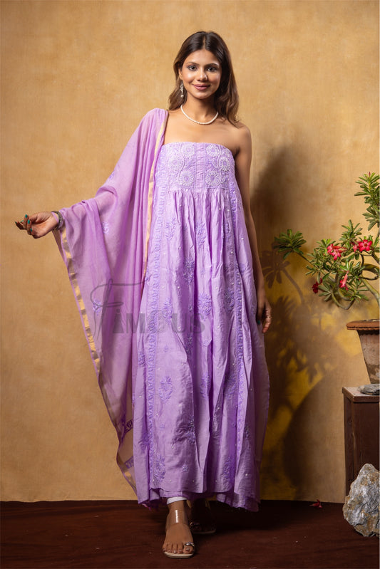 Lilac Elegant Chikankari Semi-Stitched Gown With Dupatta