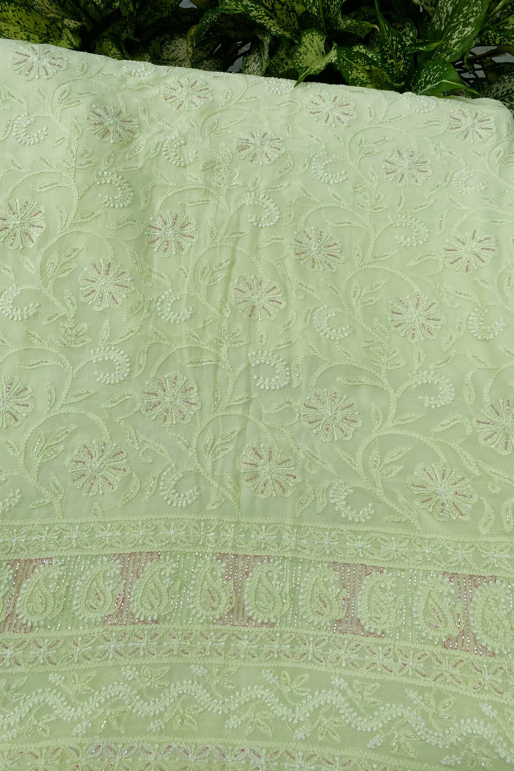 Lime Green Chikankari Unstitched Suit with Multicolour Addons