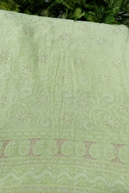 Lime Green Chikankari Unstitched Suit with Multicolour Addons