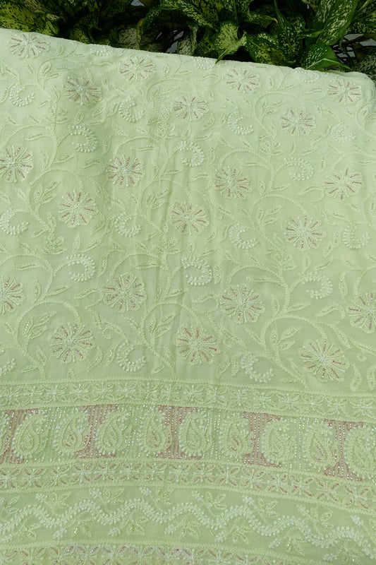Lime Green Chikankari Unstitched Suit with Multicolour Addons