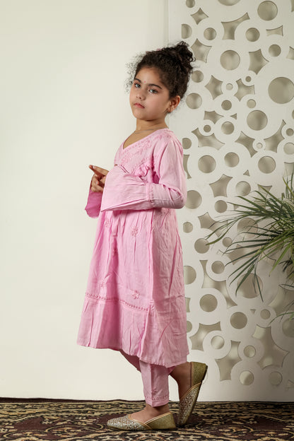 Little Fariya - Pink Chikankari Frill Style Frock Kidswear Set - Famous Chikankari