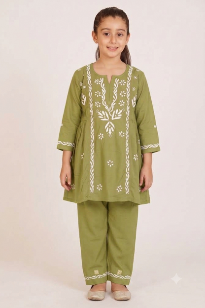 Little Jasmin - Henna Green Chikankari Side Pleated Kidswear Set