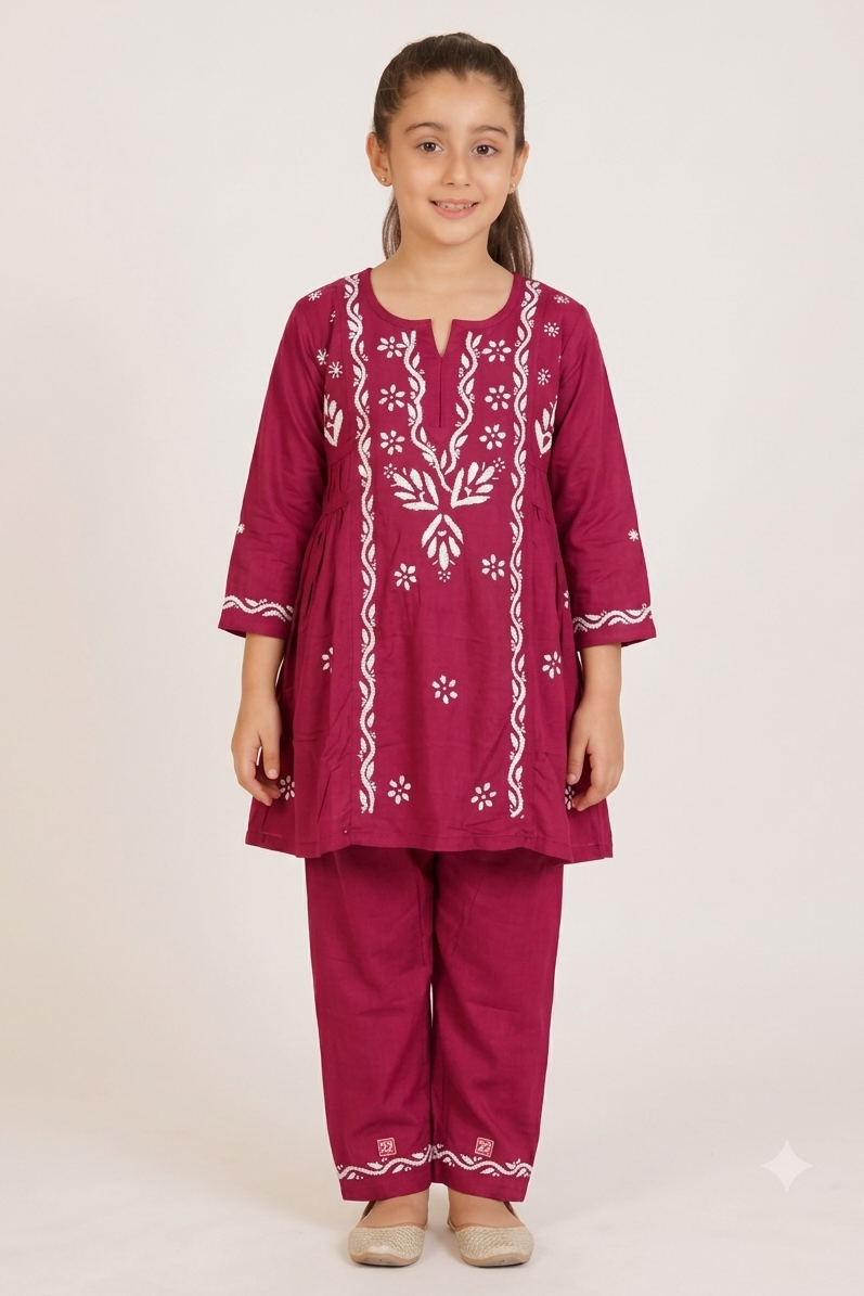 Little Jasmin - Magenta Chikankari Side Pleated Kidswear Set