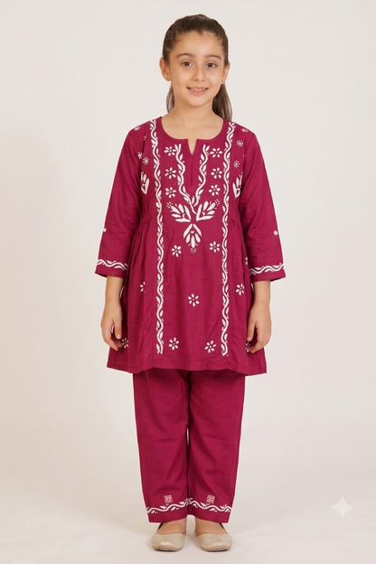 Little Jasmin - Magenta Chikankari Side Pleated Kidswear Set