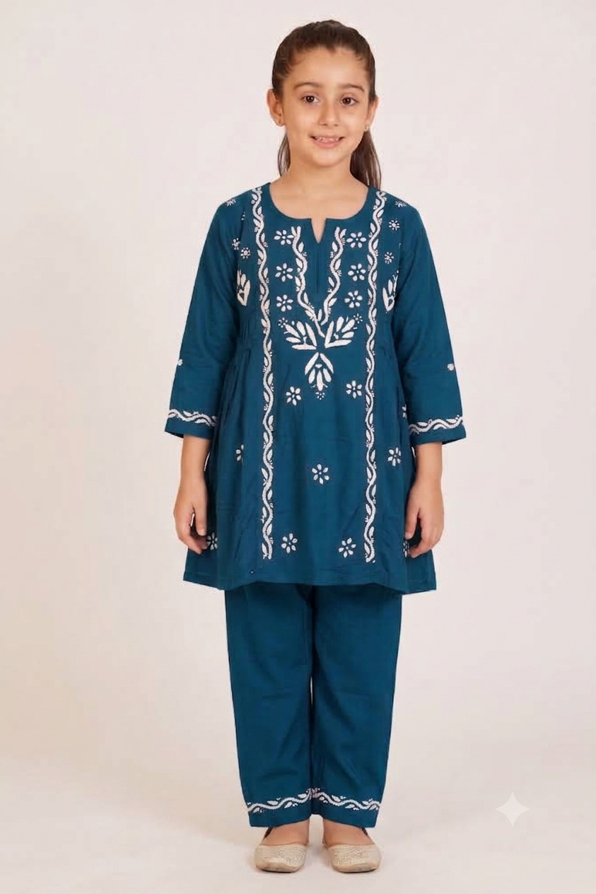 Little Jasmin - Navy Blue Chikankari Side Pleated Kidswear Set