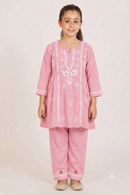 Little Jasmin - Pink Chikankari Side Pleated Kidswear Set