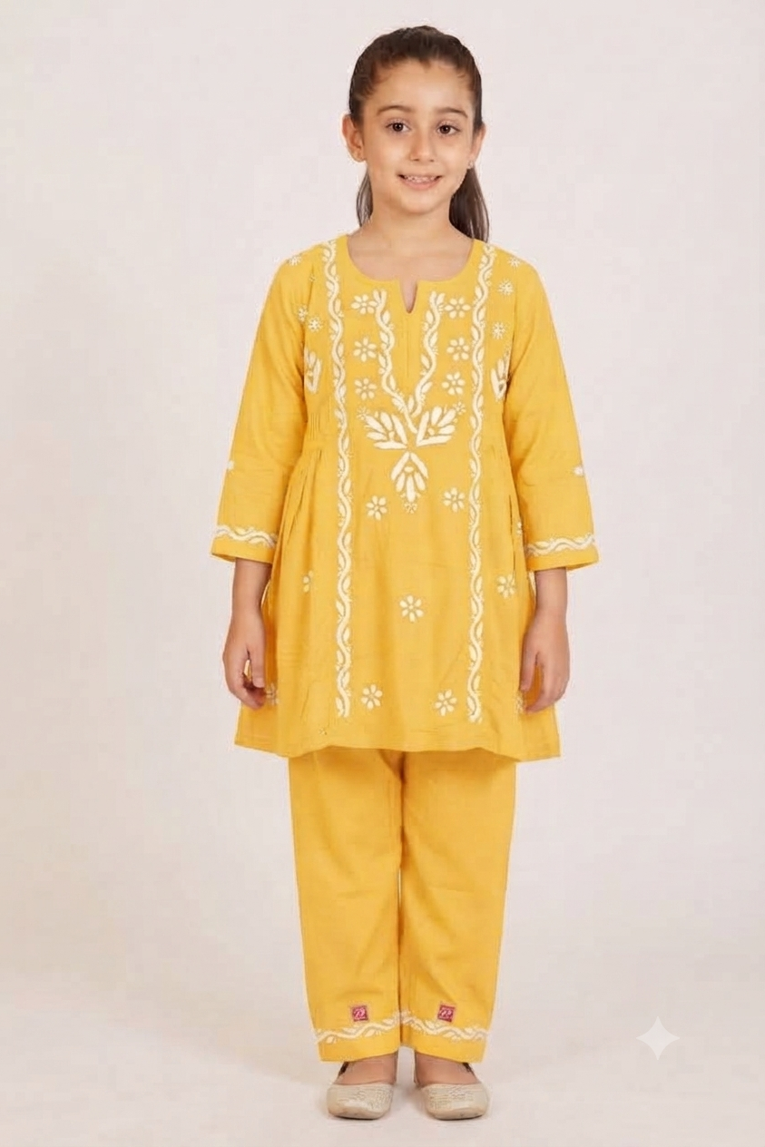 Little Jasmin - Yellow Chikankari Side Pleated Kidswear Set