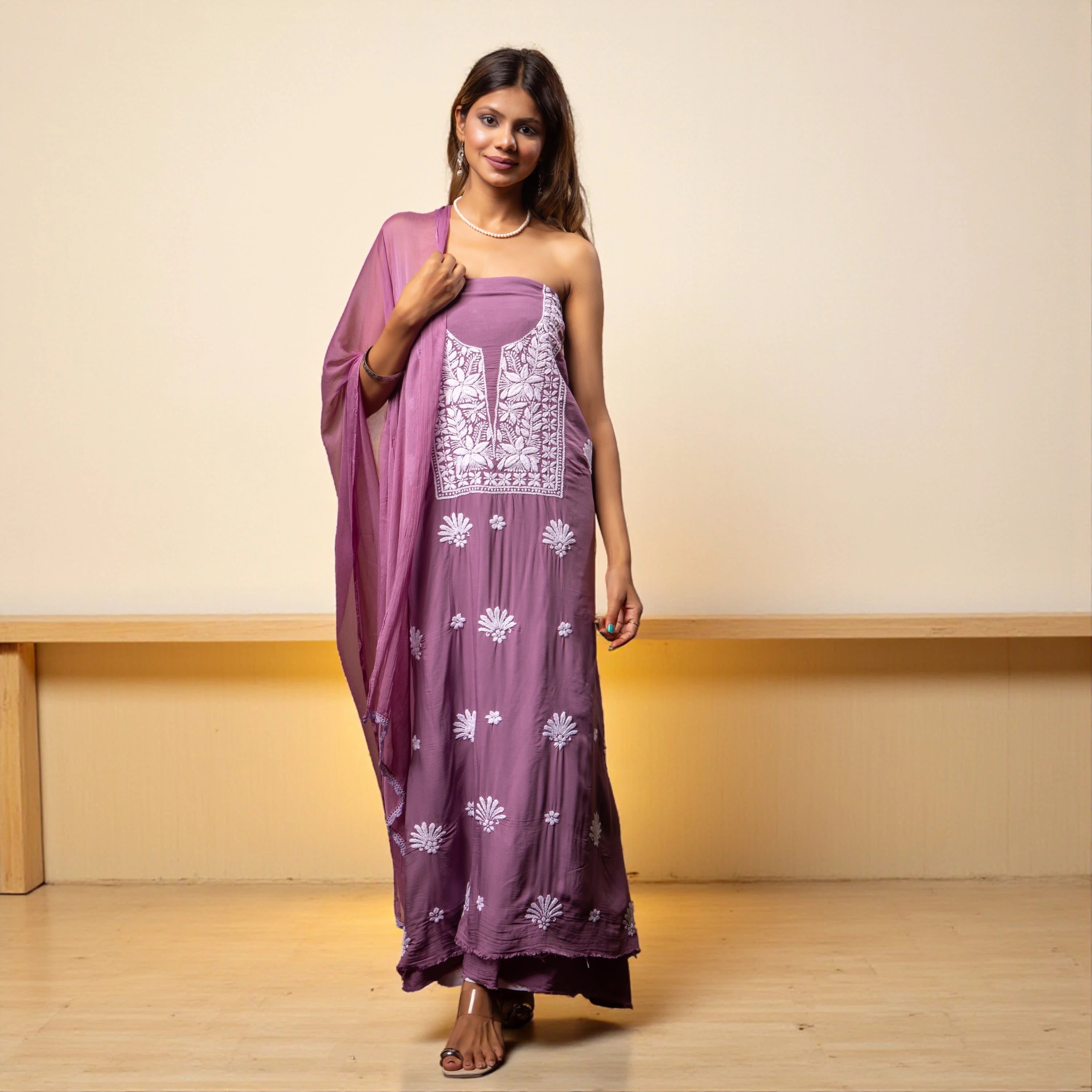 Mariam Modal Chikankari Unstitched Suit|Wine