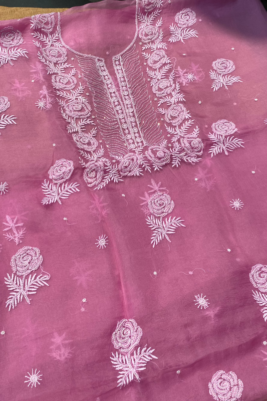 Meher Premium Organza Chikankari Unstiched Dress-Onion Pink