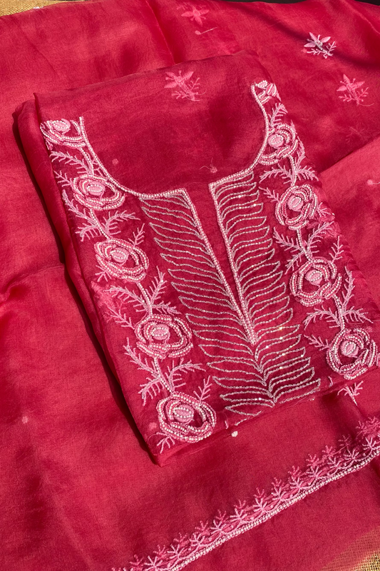 Meher Premium Organza Chikankari Unstiched Dress-Tomato Red