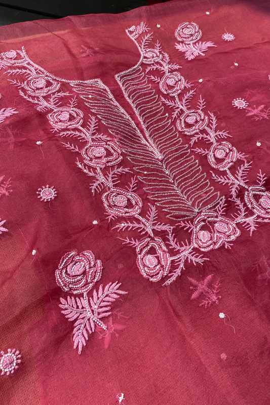 Meher Premium Organza Chikankari Unstiched Dress- Carrot Pink
