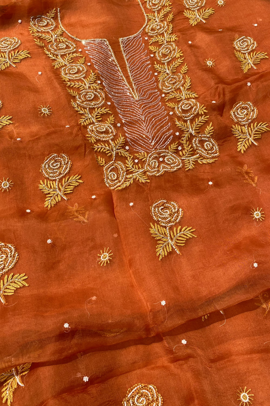 Meher Premium Organza Chikankari Unstiched Dress- Mustard