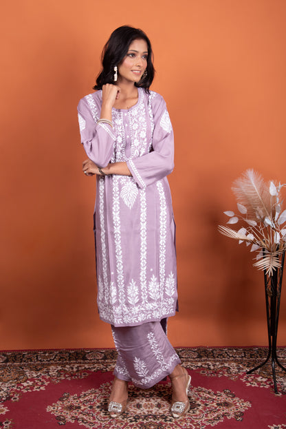 Mauve chikankari kurti plazo set