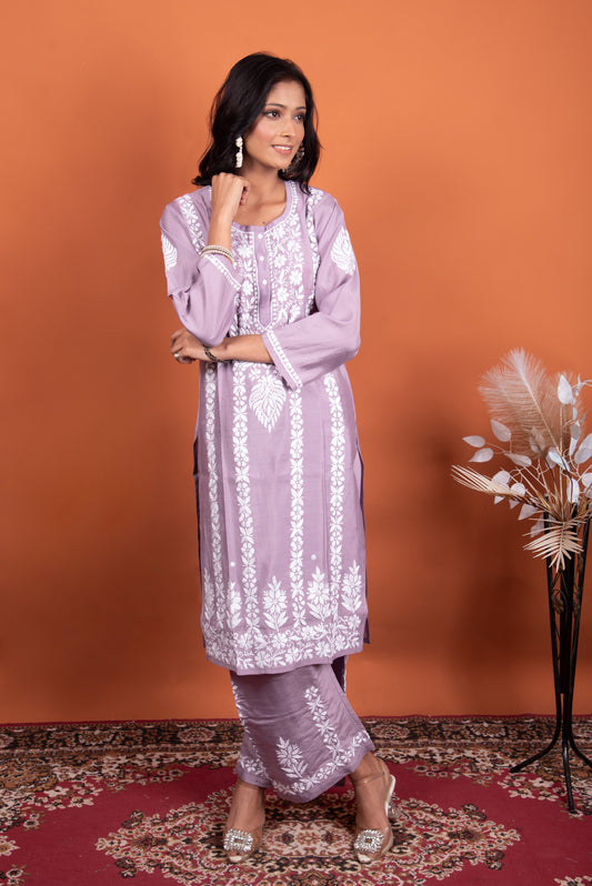 Mauve chikankari kurti plazo set