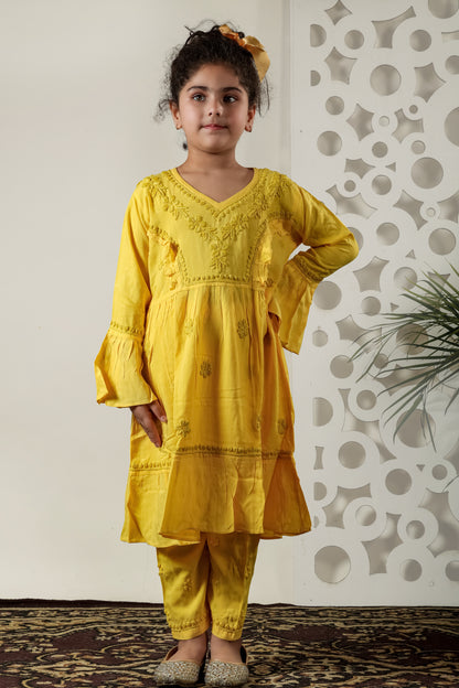 Little Fariya - Mustard Chikankari Frill Style Frock Kidswear Set - Famous Chikankari